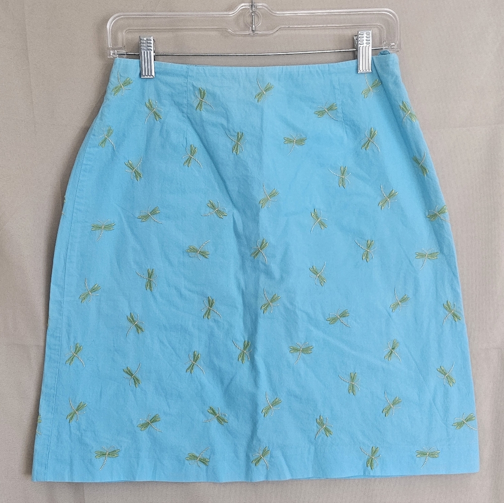 Talbots Vintage Women's Blue Dragon Fly Print Embroidered A-Line Skirt Size4